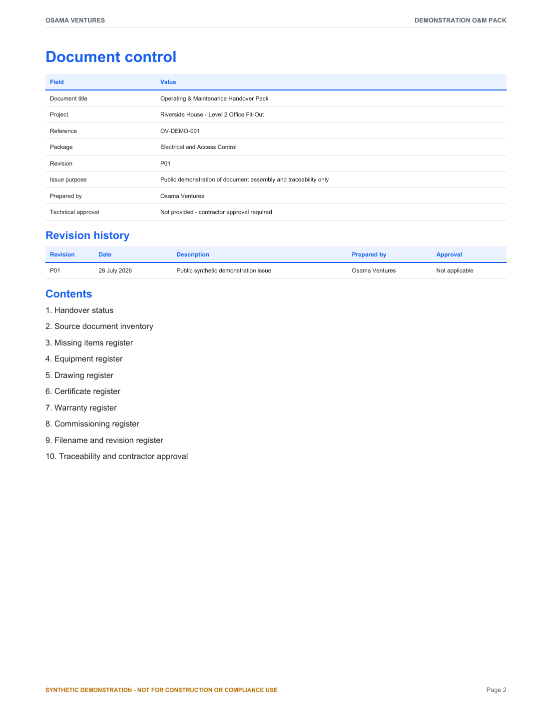 Contents and revision-history page from the synthetic O&M demonstration pack